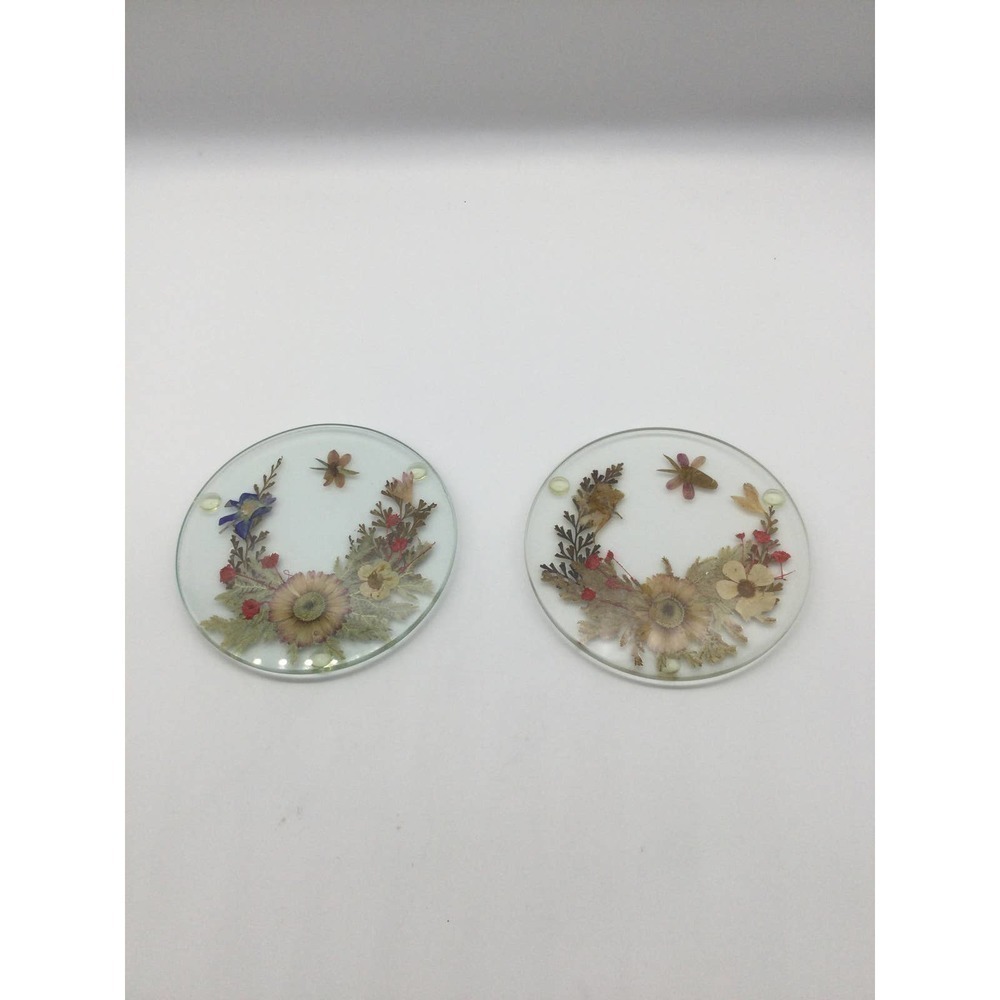 Pair Dried floral glass coasters real flowers cottagecore garden farm shabby